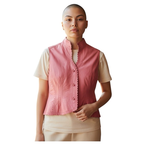 Zenobia Jackets & Blazers - Genuine Leather Vest Coral Pink Scalloped Trim Tailored Size 14 NWT Vintage